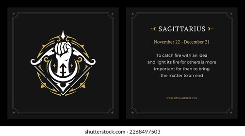 Sagittarius zodiac astrology data description vintage black card design template set vector illustration. Horoscope symbol astrological impression lunar calendar archery hand with bow arrow