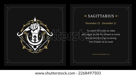 Sagittarius zodiac astrology data description vintage black card design template set vector illustration. Horoscope symbol astrological impression lunar calendar archery hand with bow arrow