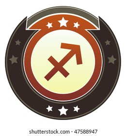 Sagittarius zodiac astrology icon on round red and brown imperial vector button with star accents suitable for use on website, in print and promotional materials, and for advertising.