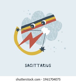 Sagittarius zodiac character nursery poster. Cute cloud shoot a bow. Cartoon horoscope vector illustration. Magical Boho baby spiritual astrological design. Scandinavian decorative childish print.