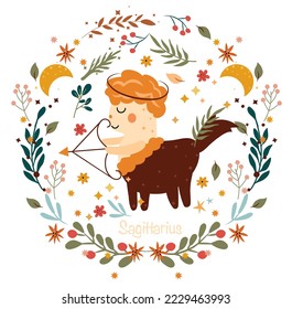 Sagittarius Zodiac in a colorful wreath of leaves, flowers and stars around. Astrological Sagittarius zodiac perfect for posters, logo, cards. Vector illustration.