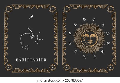 Sagittarius zodiac Sternbild auf schwarzem Hintergrund, gezeichnete Horoskop-Karte im Gravierstil. Vintage Illustration astrologischer Zeichen mit Sonne und Crescent in Vektorgrafik.