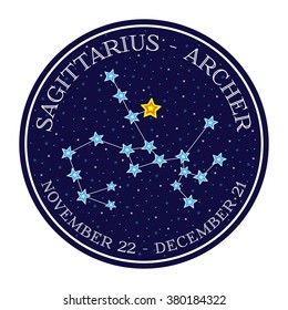 Sagittarius zodiac constellation in space. Cute cartoon style vector illustration. Round emblem with zodiac sign name and dates