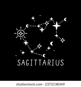 Sagittarius zodiac constellation, white horoscope sign, elegant starry astrology icon. Magical astronomy illustration