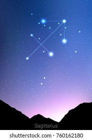 Sagittarius zodiac constellations sign with forest landscape silhouette on beautiful starry sky with galaxy and space behind. Sagittarius horoscope symbol constellation on deep cosmos background.