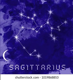 Sagittarius zodiac constellations sign on beautiful starry sky with galaxy and space behind. Archer sign horoscope symbol constellation on deep cosmos background. vector watercolor style