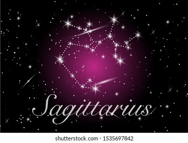 Las constelaciones de zodiaco de Sagittarius firman sobre un hermoso cielo estrellado con galaxia y espacio detrás. Señal de arco símbolo de horóscopo constelación en fondo de cosmos púrpura profundo