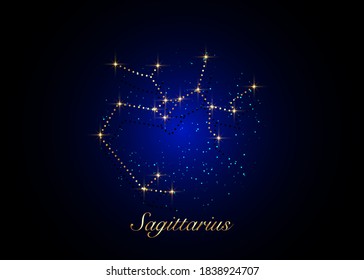 Sagittarius zodiac constellations sign on beautiful starry sky with galaxy and space behind. Gold Archer sign horoscope symbol constellation on deep cosmos background. vector