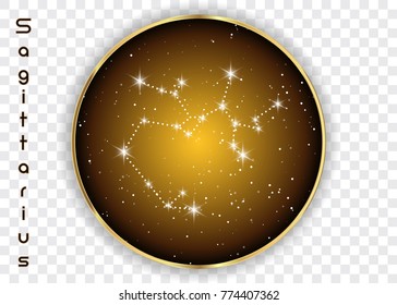 Sagittarius zodiac constellations sign on beautiful starry sky with galaxy and space behind. Archer sign horoscope symbol constellation on deep cosmos background. vector isolated