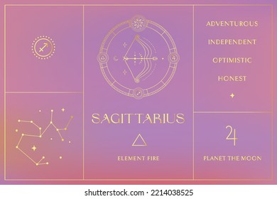 Sagittarius Zodiac Gold Sign Design, Esoteric Abstract Logo, Mystic Spiritual Symbols, Icons. Astrology, Moon and Stars, Magic Esoteric Art.