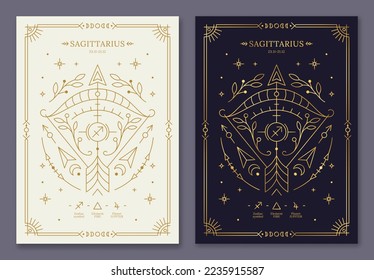 Sagittarius zodiac horoscope golden signs on dark navy and white cards set. Stylized Archer symbols of esoteric, zodiacal astrological calendar, horoscope constellation thin line vector illustration