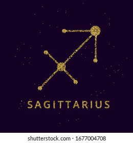 Signo de horóscopo zodiaco sagittarius, símbolo de astrología en estilo brillante dorado sobre fondo cielo negro.