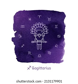 Sagittarius Zodiac horoscope sign. Cute indian girl with war bonnet, arrow and twelve constellation icons on purple watercolor background. Vector hand drawn illustration