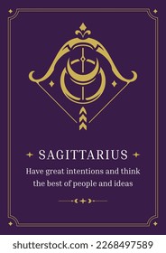 Sagittarius zodiac horoscope symbol arrow bow archery purple vintage poster with description design template vector illustration. Astrology sign impression lunar calendar esoteric ornament