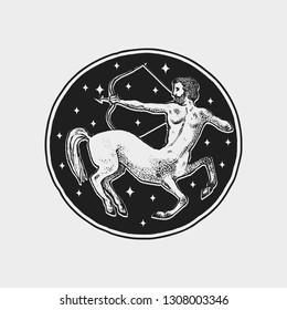 Sagittarius Zodiac icon. Astrology horoscope with sign. Calendar template. Collection outline animals. Classic vintage style. Engraved hand drawn sketch.