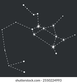 Icono del zodiaco de Sagitario con línea y punto. Ilustración vectorial plana detallada de las constelaciones del horóscopo del zodiaco sobre un fondo de estrella tenue. Dibujado a mano	