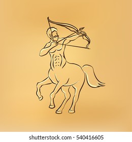 Sagittarius zodiac illustration on yellow paper background. Centaur with a bow, front view. Vector retro drawing illustration.