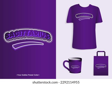 Sagittarius zodiac power color is purple. Typography t-shirt, tote bag, and cup design for merchandise and print. Mock-up templates included