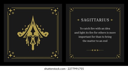 Sagittarius zodiac sharp arrow with stars horoscope symbol vintage card design template set vector illustration. Astrological archery arms lunar calendar sign description future prediction mythology