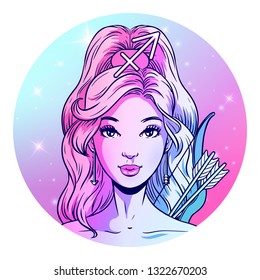 Sagittarius zodiac sign artwork, beautiful girl face, horoscope symbol, star sign, vector illustration