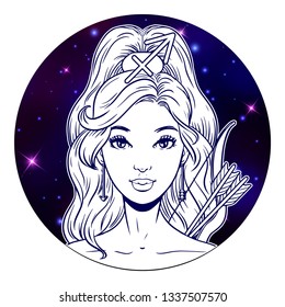 Sagittarius zodiac sign artwork, beautiful girl face, horoscope symbol, star sign, vector illustration