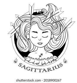 Sagittarius Zodiac sign. Astrological black-white icons. A set of pretty girls with different hairstyles. Astronomy. Vector illustration isolated on white background.