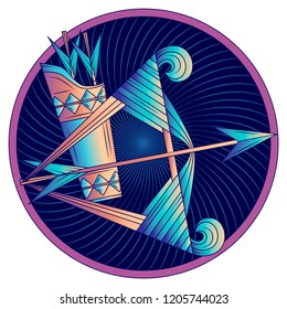 Sagittarius zodiac sign, astrological, horoscope symbol. Futuristic style icon. Stylized graphic blue bow and arrows in quiver. Tensing the string, aiming. Feather, nock, tackle. Vector illustration.