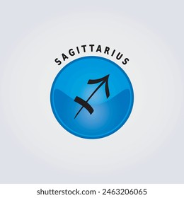 Sagittarius Zodiac Sign Astrology Icon with Name on Light Background, Blue Color Button