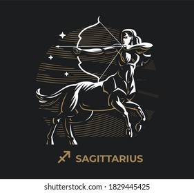 Sagittarius zodiac sign. Zodiac, astrology, stars. A woman half horse shoots a bow. Bow, arrows, centaur, hooves, female