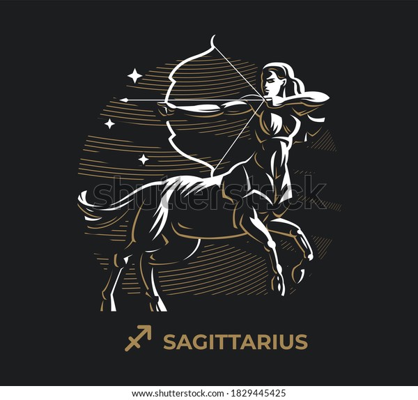 Sagittarius\
zodiac sign. Zodiac, astrology, stars. A woman half horse shoots a\
bow. Bow, arrows, centaur, hooves,\
female