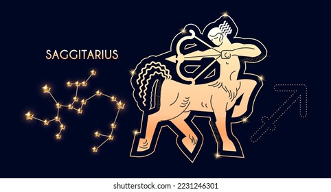 Sagittarius. Zodiac sign, beast and connstellation oh blue background.