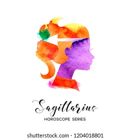 Sagittarius zodiac sign. Beautiful girl silhouette. Vector illustration. Horoscope series