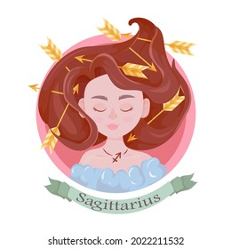 Sagittarius Zodiac sign as a beautiful girl with lush hair. Set of bright signs of the zodiac. Horoscope. Astronomy. Vector illustration isolated on white background.