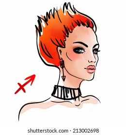 Sagittarius zodiac sign as a beautiful girl. Ink and watercolor fashion vector illustration 