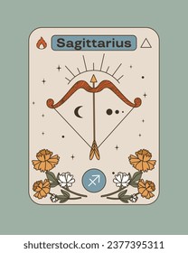Sagittarius is a zodiac sign. Bow for throwing arrows. Yellow flowers, astrology sign. Sagittarius sign symbol. Poster in vintage style. Flat vector illustration