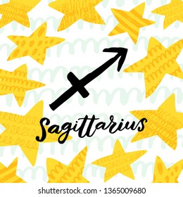 Sagittarius zodiac sign with brush lettering and cute star background. Handwritten typography. Horoscope sign. Ready-to-print design template. Clothes badge,icon,logo,banner,tag. Vector illustration.