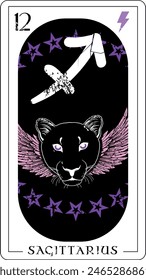 Sagittarius. Sagittarius zodiac sign card with winged panther head and lightning bolt symbol.