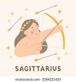 Sagittarius - zodiac sign. Cartoon vector illustrations in flat style. Beautiful woman with bow and arrows. Astrology symbol. Template for greeting card or banner