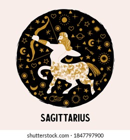 Sagittarius. Zodiac Sign. The Centaur Shoots A Bow. Vector Emblem.