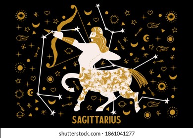 Sagittarius. Zodiac sign. Centaur shoots a bow among the stars. Vector illustration on black background.