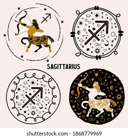 Sagittarius. Zodiac sign. The centaur shoots a bow. Set of vector emblems.