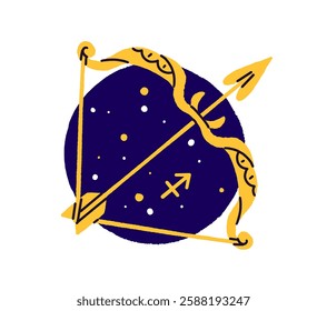 Sagittarius zodiac sign circle avatar. Stars' symbol with bow and arrow shape. Round icon of constellation. Month of birth in astrology calendar, horoscope. Flat isolated vector illustration on white