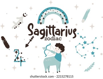  Sagittarius zodiac sign clipart - cute kids horoscope, zodiac stars, constellation, rainbow, planet, leaves, arrow and comet isolated Vector illustration on white background. Cute vector astrological