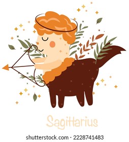 Sagittarius Zodiac Schild mit bunten Blättern und Sternen rund. Astrologisches Sagittarius zodiac perfekt für Poster, Logo, Karten. Vektorgrafik.