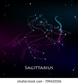 Sagittarius Zodiac Sign and the Constellation against a dark starry sky. Vector illustration on a black background