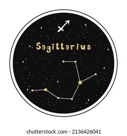 Sagittarius. Zodiac sign and constellation in a circle. Set of zodiac signs in doodle style, hand drawn.