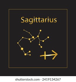 Sagittarius Zodiac Sign and Constellation, gold icon isolated on black background.