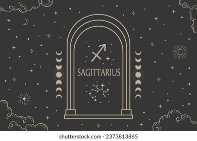 Sagittarius zodiac sign, Constellation illustration with dark night sky.