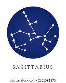 Sagittarius zodiac sign constellation isolated on dark blue background. Eastern horoscope symbol, tarot card prediction, mystery esoteric astrology, white stars asterism. Flat vector illustration.