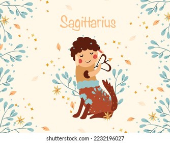 Signo Sagittarius zodiac. Banner lindo con sagitario, estrellas, flores y hojas. Signo astrológico del zodiaco. Ilustración vectorial.